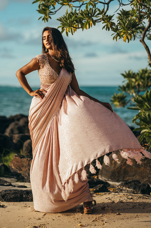 Baby Pink Lycra Textured Pre-Stitched Saree