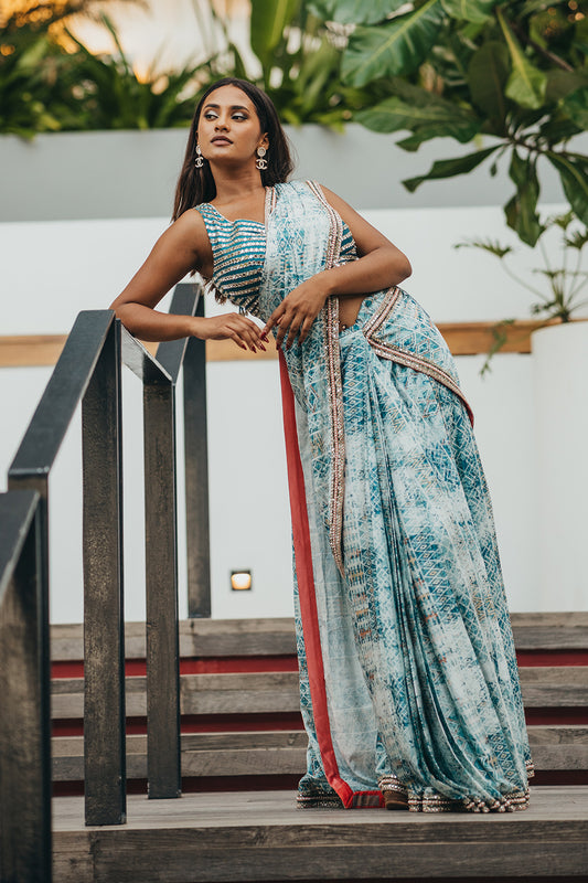 Aqua Blue Saree in Geometric Glam