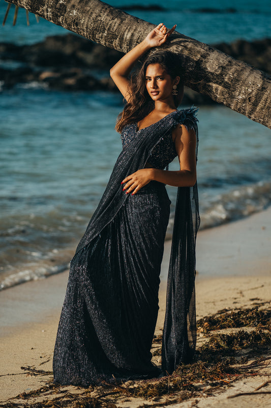 Sapphire Blue Textured Lycra Pre-Stitched Saree