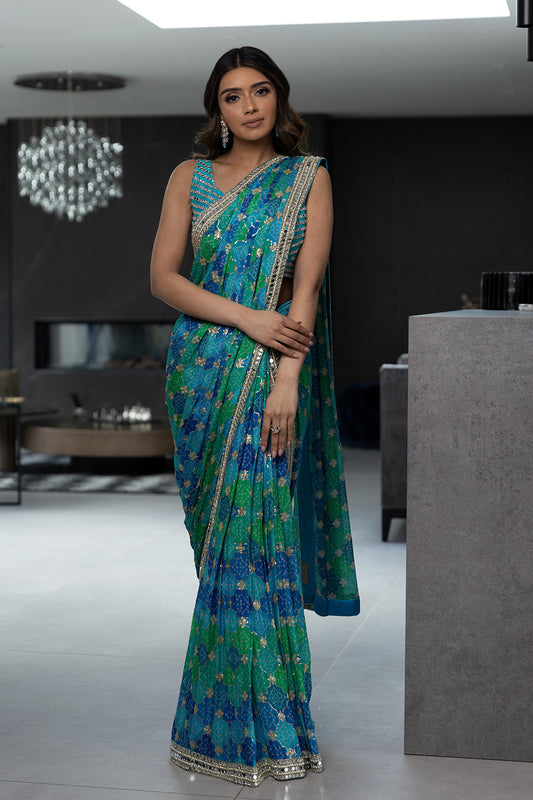 Turquoise Blue Crepe Pre-Stitched Saree