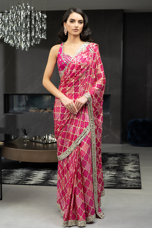 Fuchsia Pink Crepe Pre-Stitched Saree