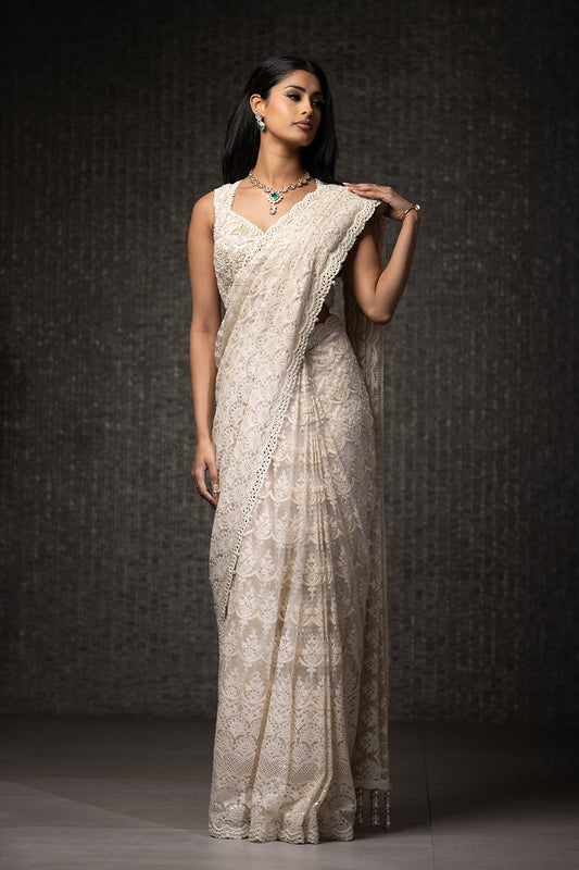 Ivory Threadwork Pre-Stitched Saree