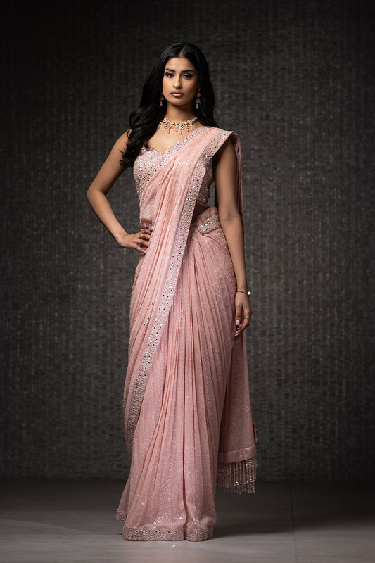 Pink Textured Georgette Pre-Draped Saree