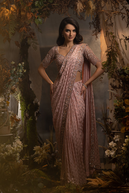 Dusty Pink Sequin Pre-Stitched Saree
