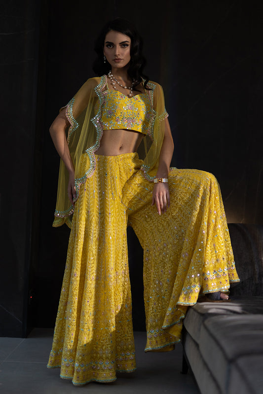 Sunshine Yellow Lucknowi Sharara Set With A Shrug