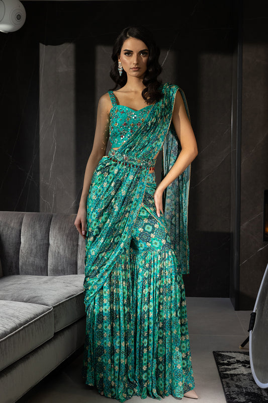 Teal Green Drape Gharara With Belt