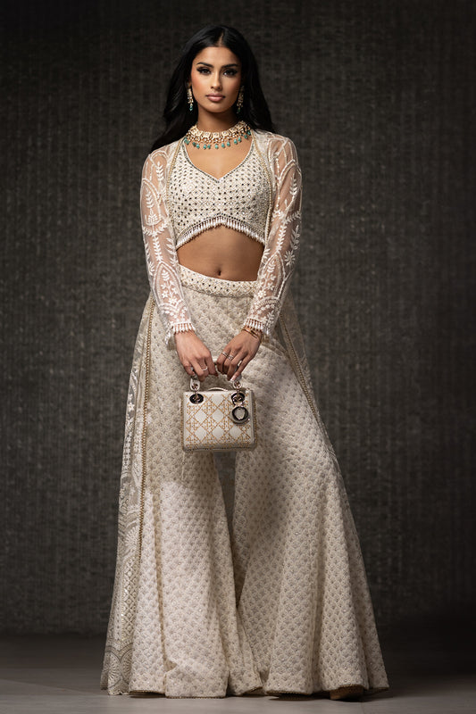 Ivory Threadwork Jacket Sharara Set