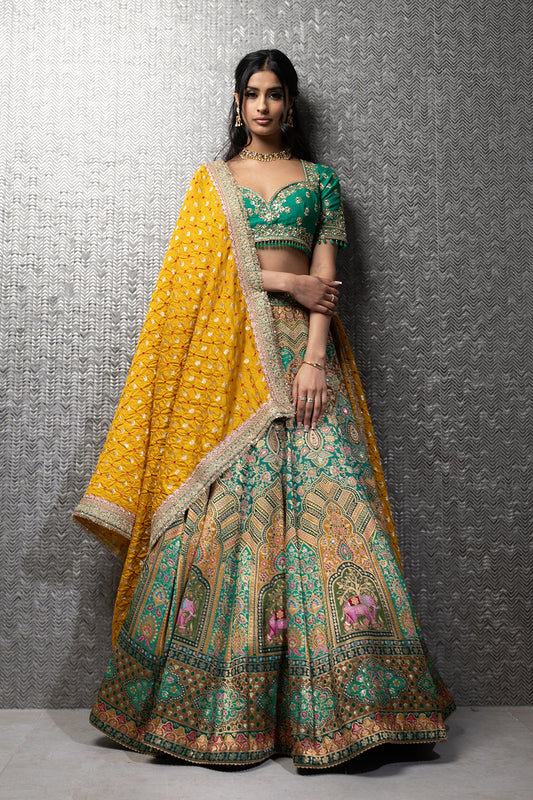 Aquamarine Green And Yellow Lehenga