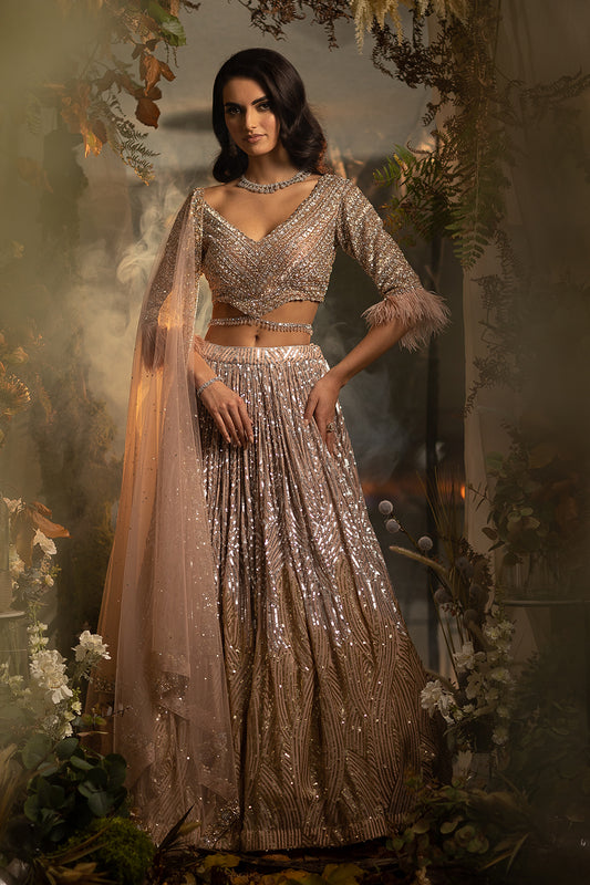 Champagne Beige And Peachy Pink Lehenga