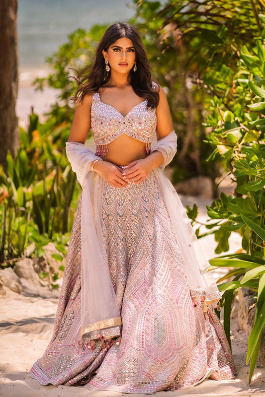 Turquoise And Dusty Rose Gota And Mirror Lehenga