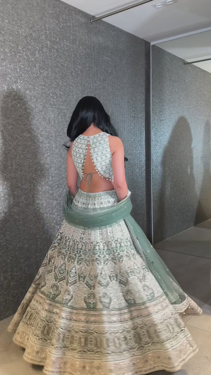 Sage Green Lengha with Pearl And Rose Gold Sequence Work