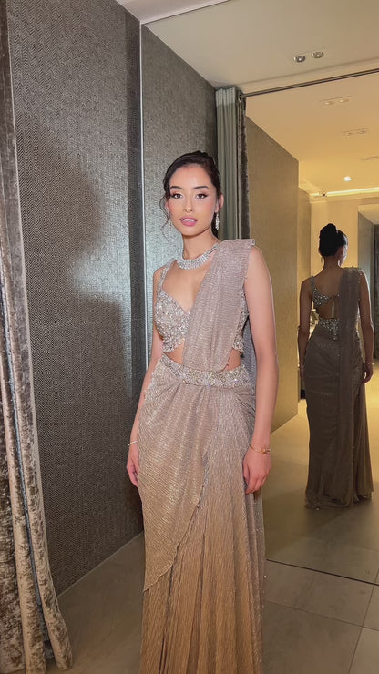 Champagne Gold Lycra Pre-Stitched Saree