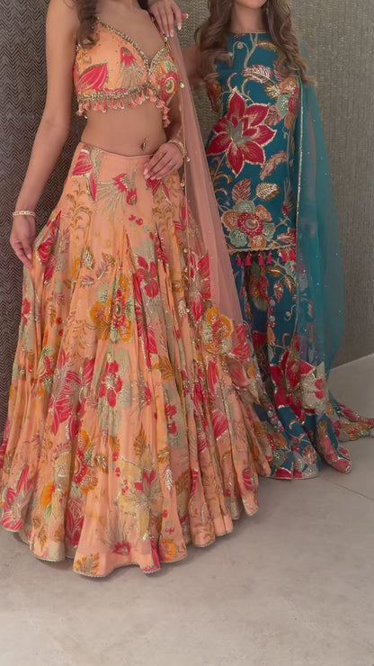 Teal Bloom Sharara with Patchwork Dupatta