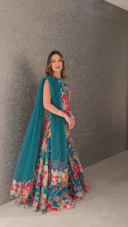 Teal Bloom Sharara with Patchwork Dupatta