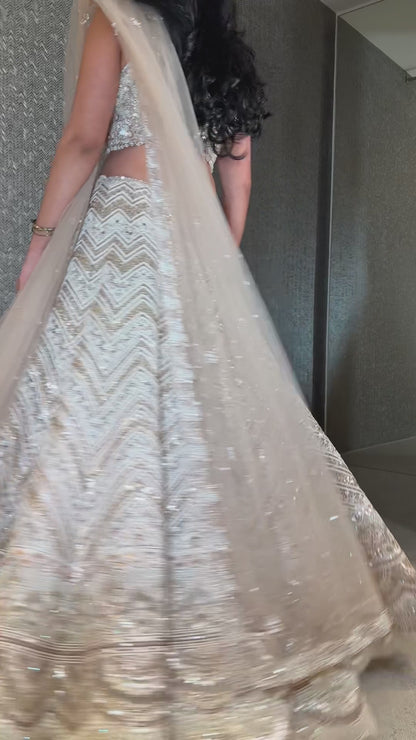 Ivory/Gold Lengha with Pearl And Rose Gold Work